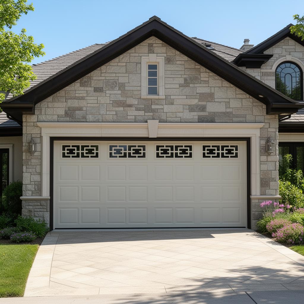 Beautiful fiberglass garage door with geometric window patterns