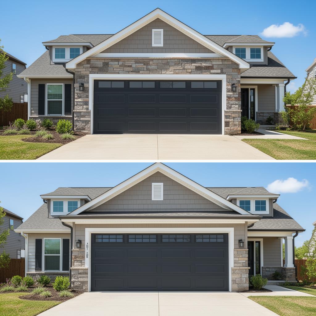 Modern steel garage door installation on suburban home
