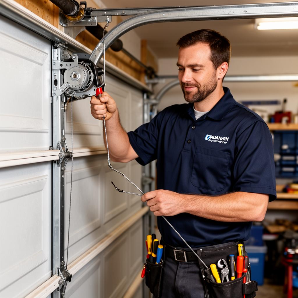 Expert technician performing garage door repair and maintenance